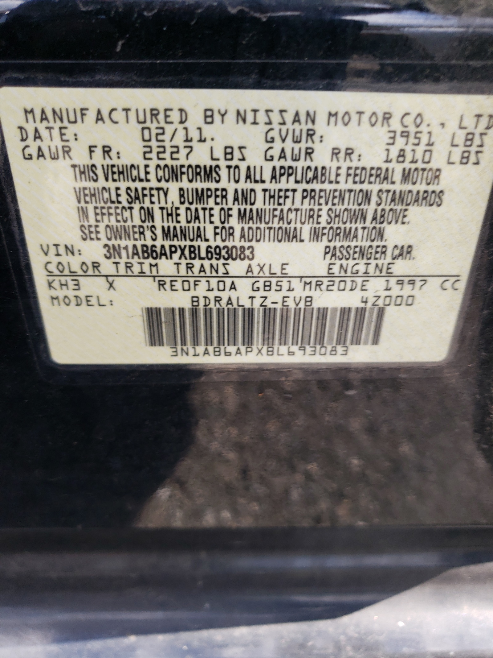 3N1AB6APXBL693083 2011 Nissan Sentra 2.0