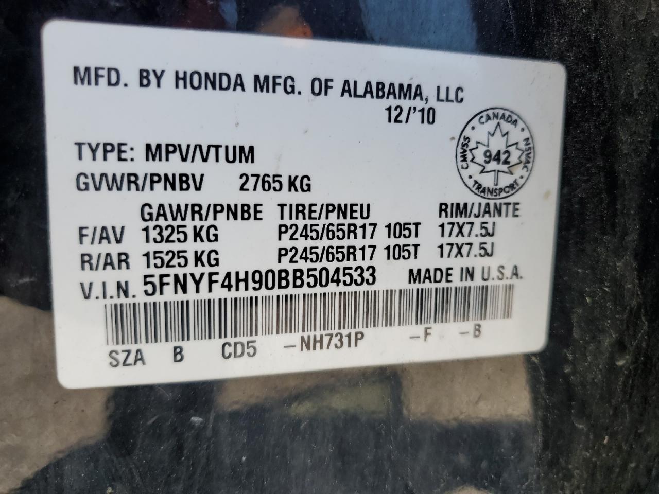 2011 Honda Pilot Touring VIN: 5FNYF4H90BB504533 Lot: 63871274