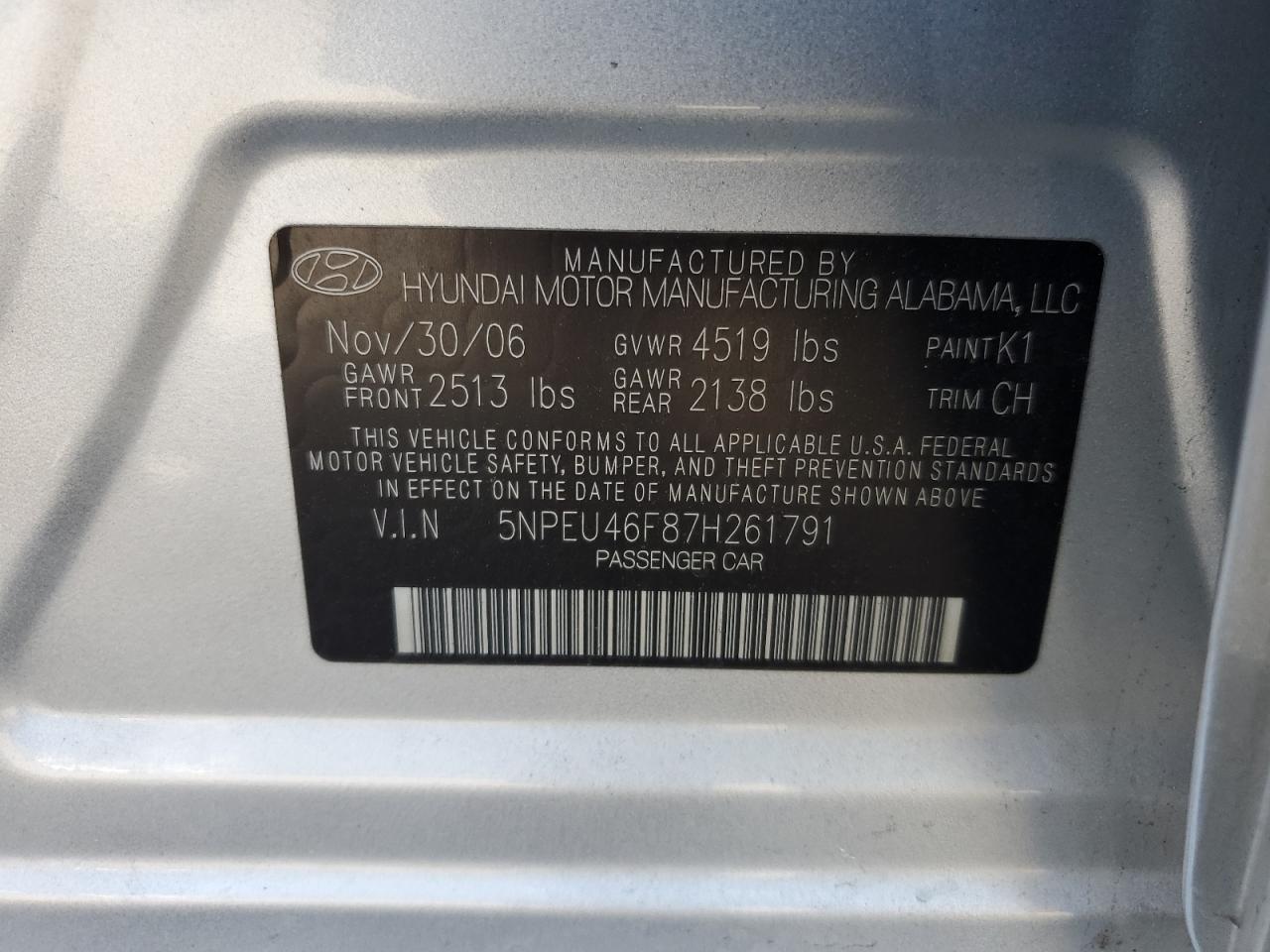 5NPEU46F87H261791 2007 Hyundai Sonata Se