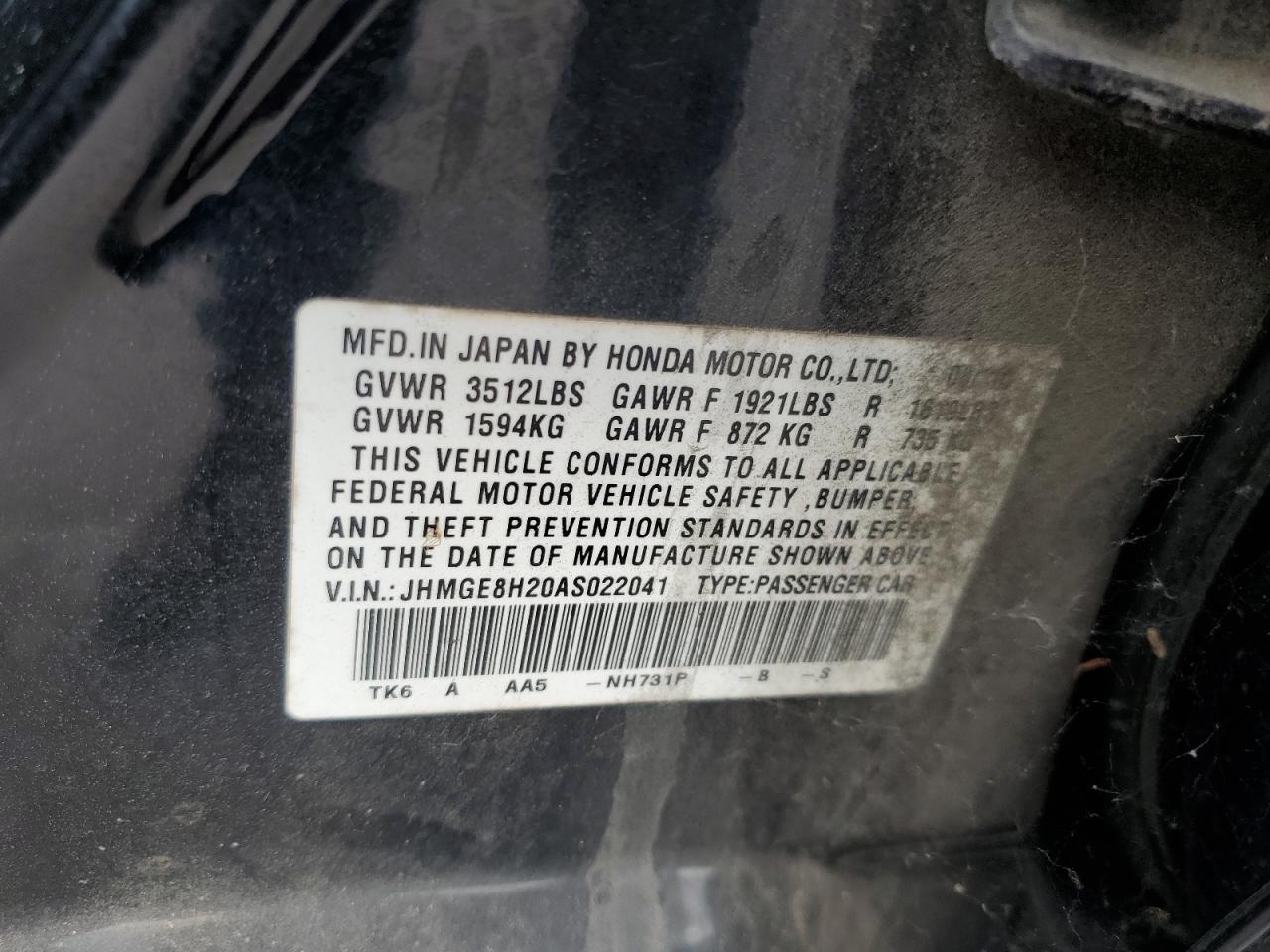 2010 Honda Fit VIN: JHMGE8H20AS022041 Lot: 69157904