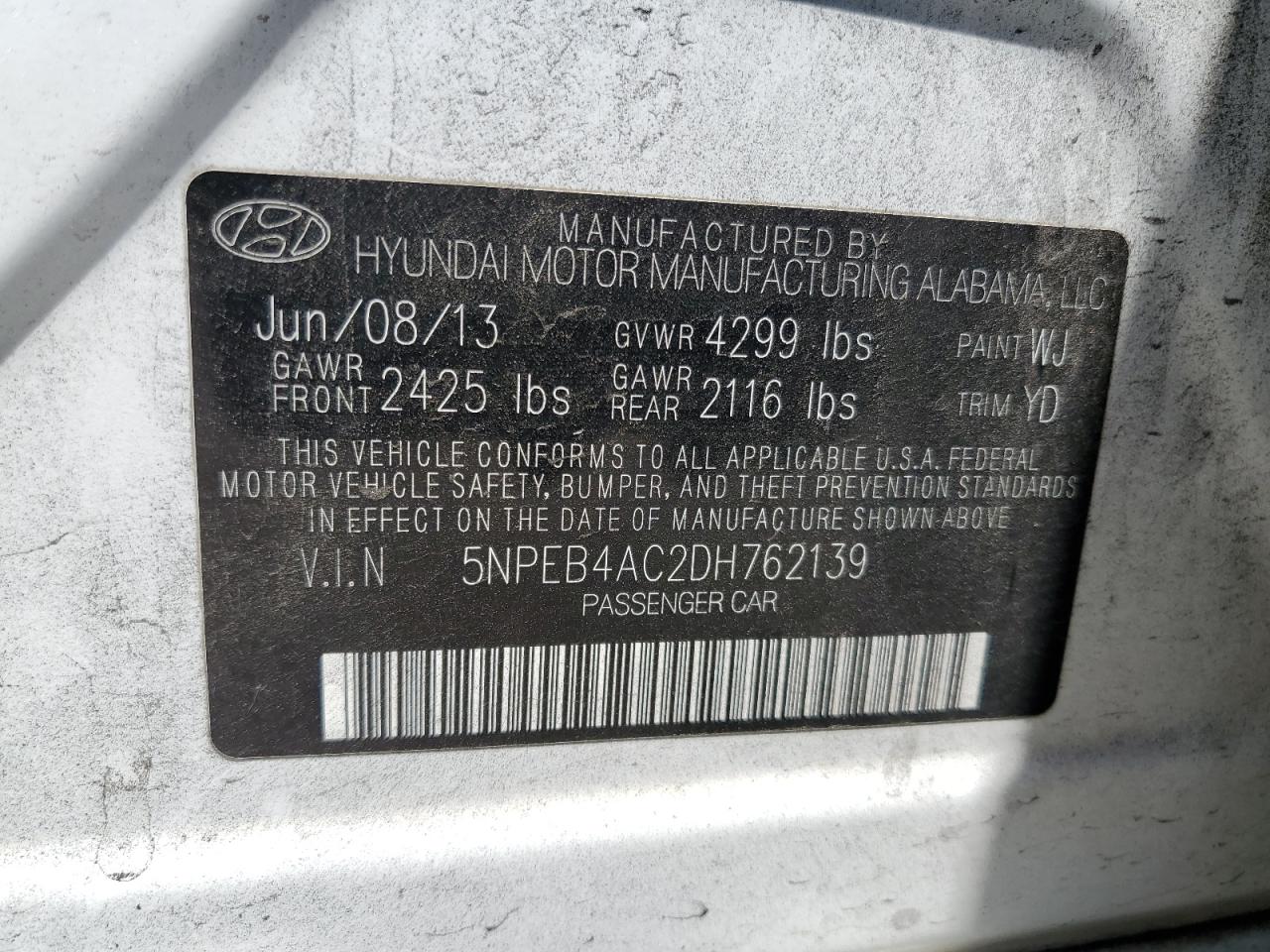 2013 Hyundai Sonata Gls VIN: 5NPEB4AC2DH762139 Lot: 66121764