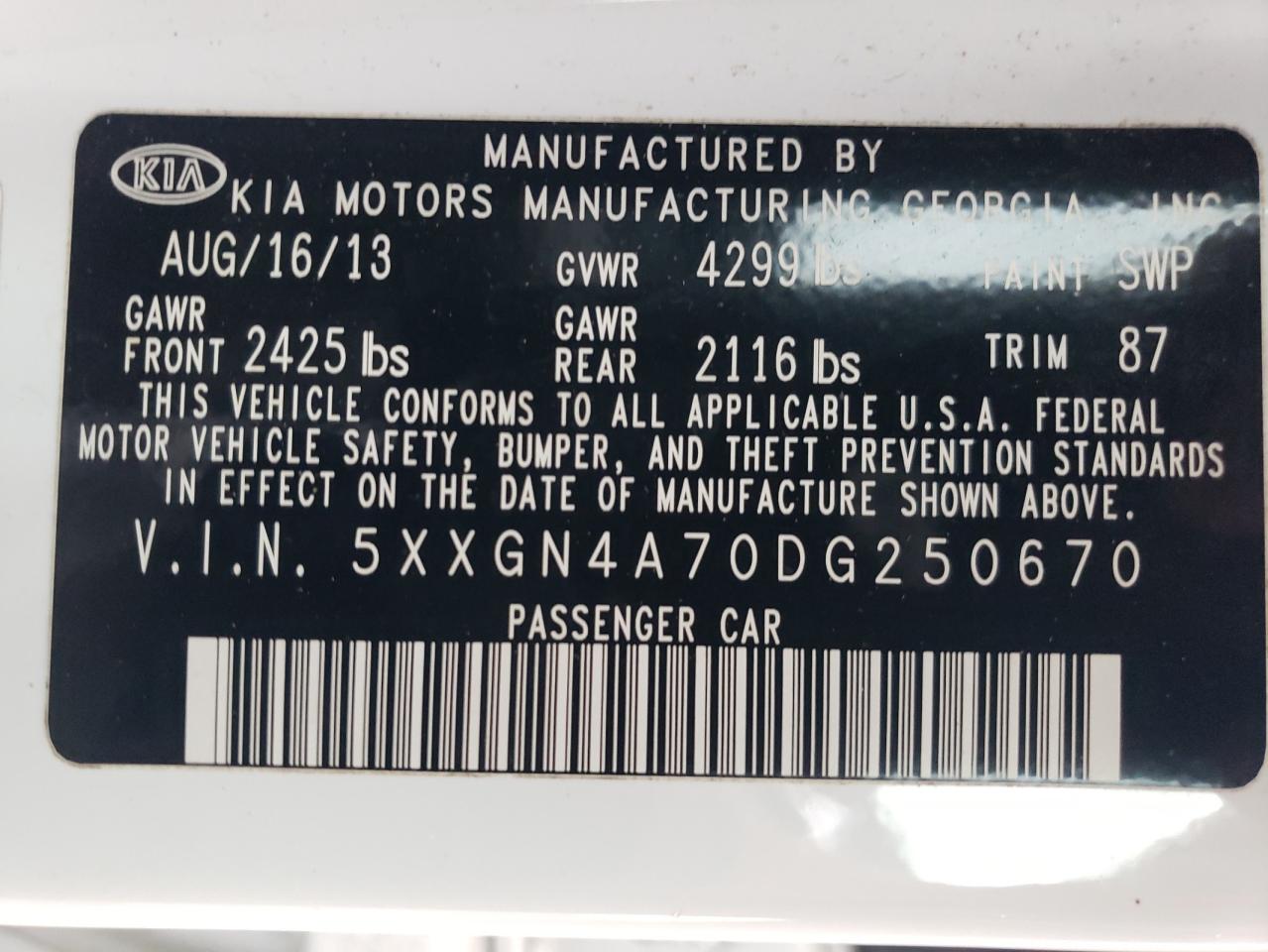 2013 Kia Optima Ex VIN: 5XXGN4A70DG250670 Lot: 66779704