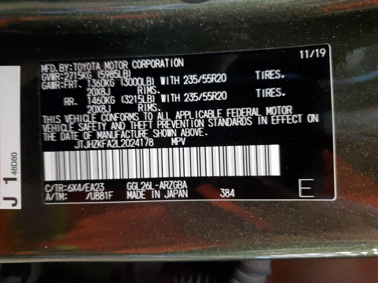 2020 Lexus Rx 350 L VIN: JTJHZKFA2L2024178 Lot: 65986954