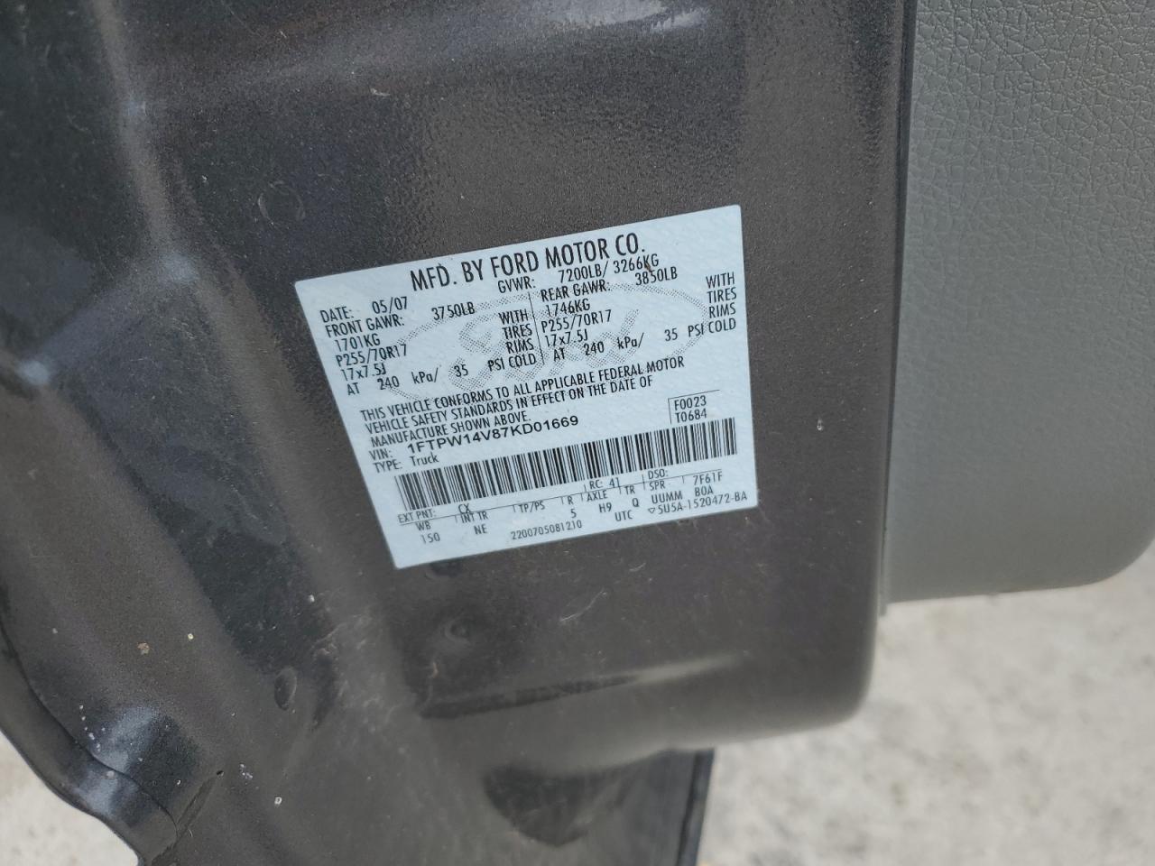 2007 Ford F150 Supercrew VIN: 1FTPW14V87KD01669 Lot: 67214424