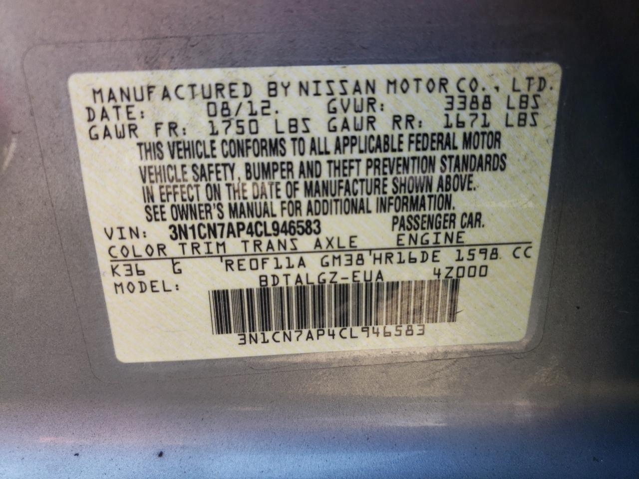 3N1CN7AP4CL946583 2012 Nissan Versa S