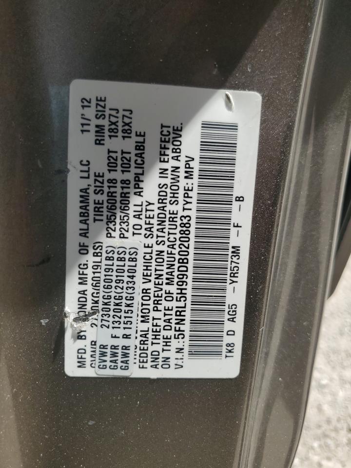 2013 Honda Odyssey Touring VIN: 5FNRL5H99DB020883 Lot: 67257394