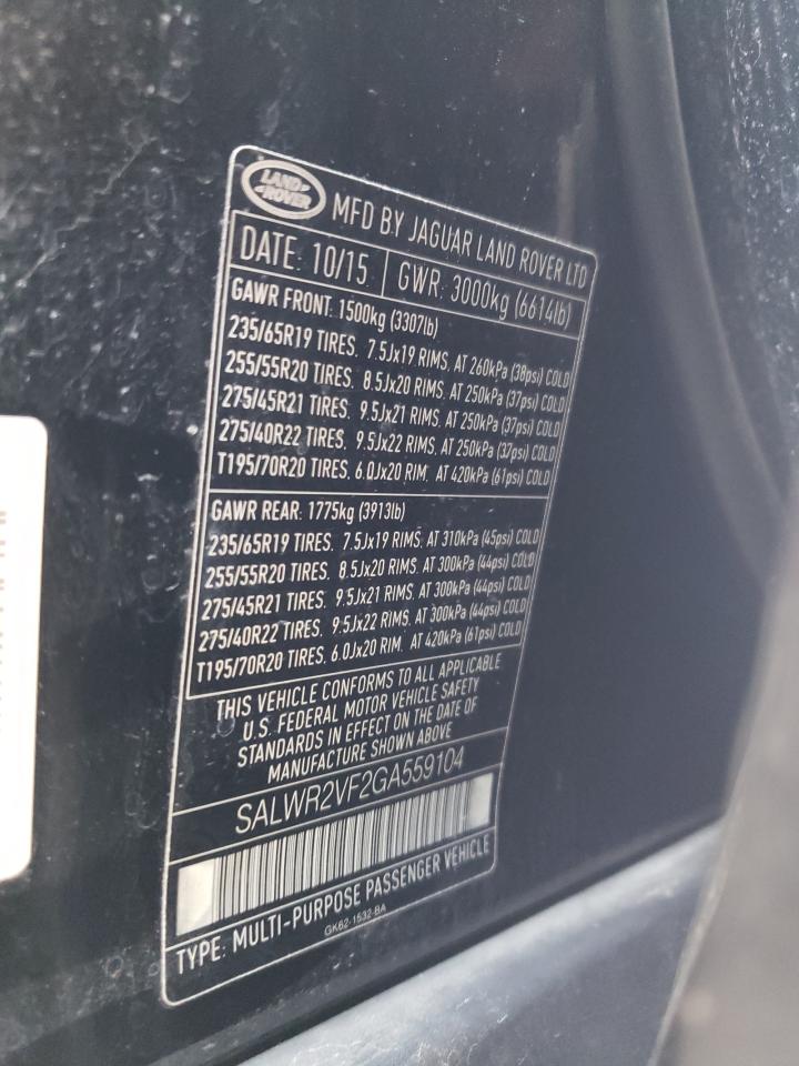 2016 Land Rover Range Rover Sport Hse VIN: SALWR2VF2GA559104 Lot: 69515274