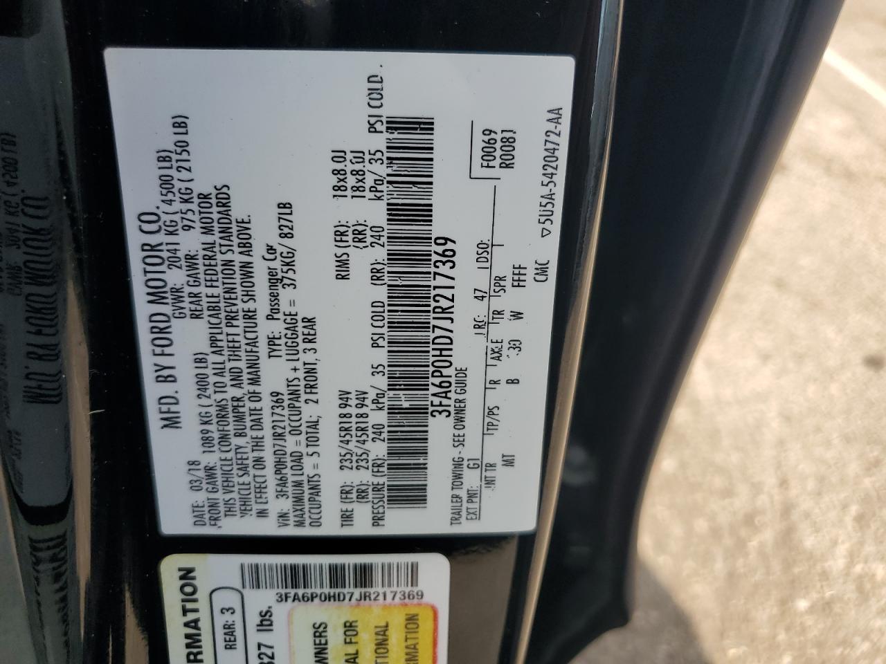 3FA6P0HD7JR217369 2018 Ford Fusion Se