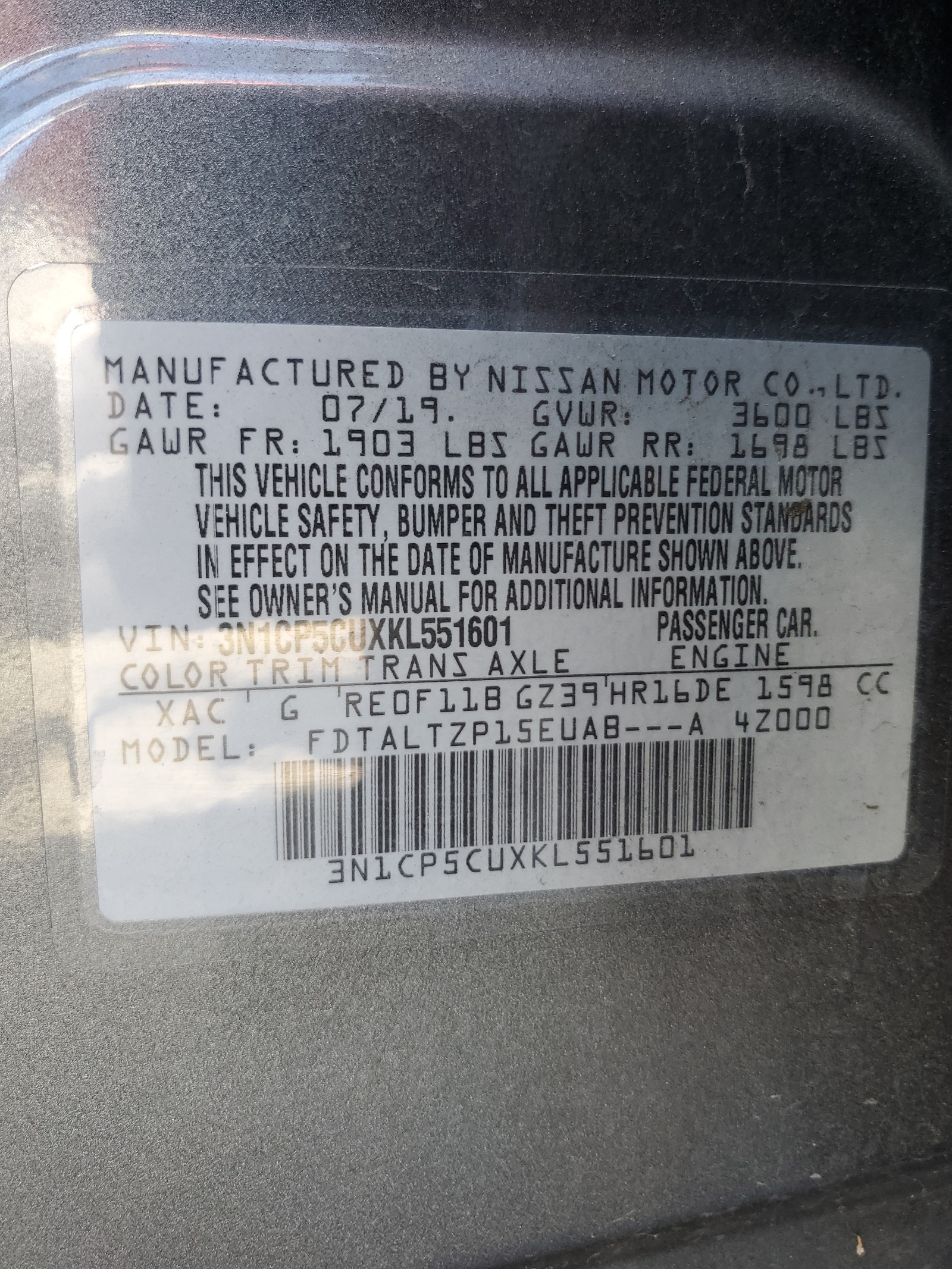 3N1CP5CUXKL551601 2019 Nissan Kicks S