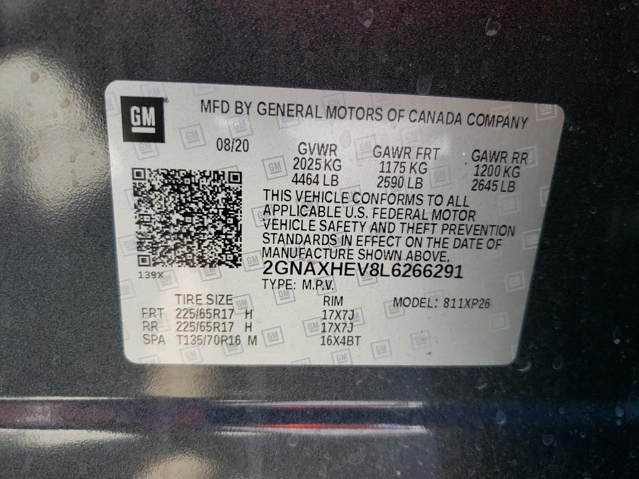 2020 Chevrolet Equinox Ls VIN: 2GNAXHEV8L6266291 Lot: 66851764