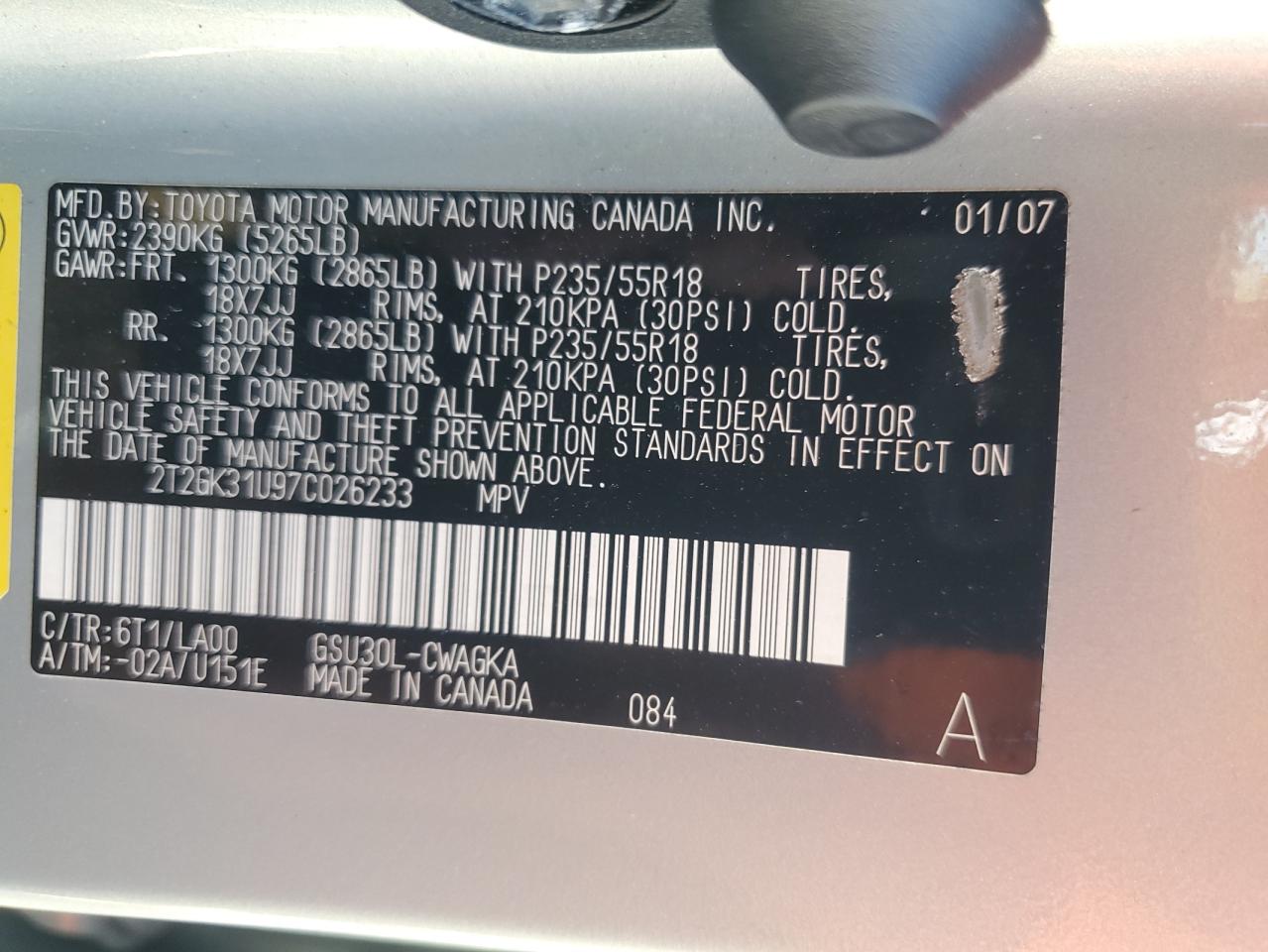 2007 Lexus Rx 350 VIN: 2T2GK31U97C026233 Lot: 65645074