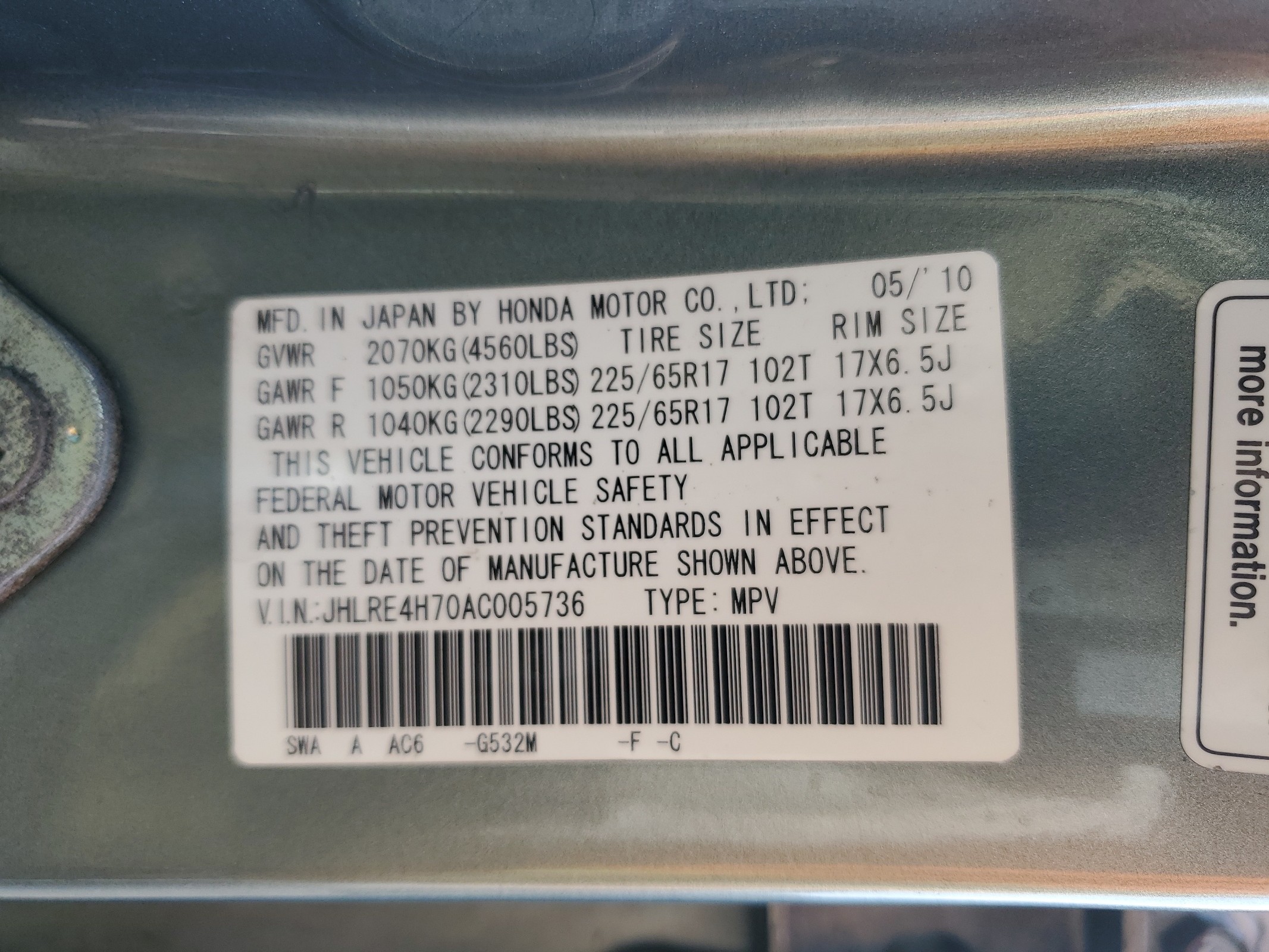 JHLRE4H70AC005736 2010 Honda Cr-V Exl