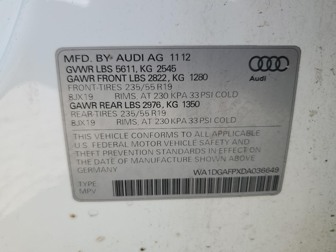 2013 Audi Q5 Premium Plus VIN: WA1DGAFPXDA036649 Lot: 67904314