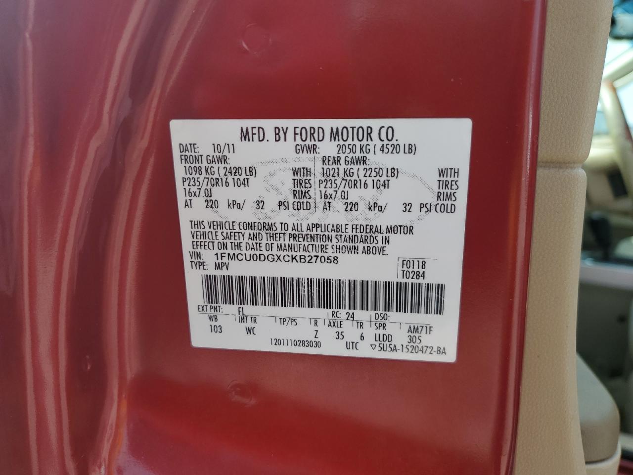 2012 Ford Escape Xlt VIN: 1FMCU0DGXCKB27058 Lot: 64624224