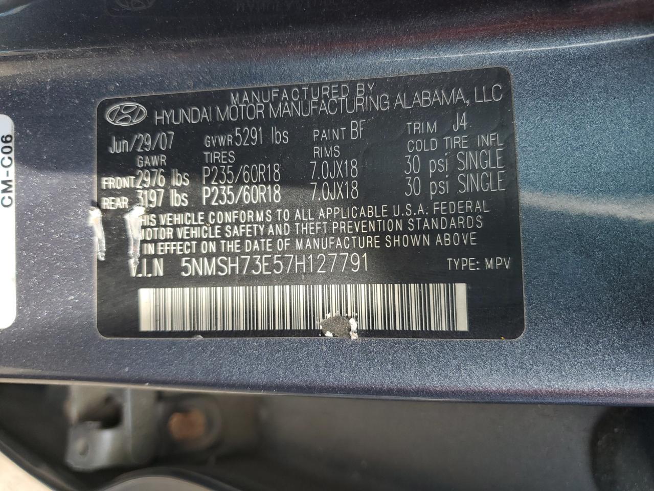 5NMSH73E57H127791 2007 Hyundai Santa Fe Se