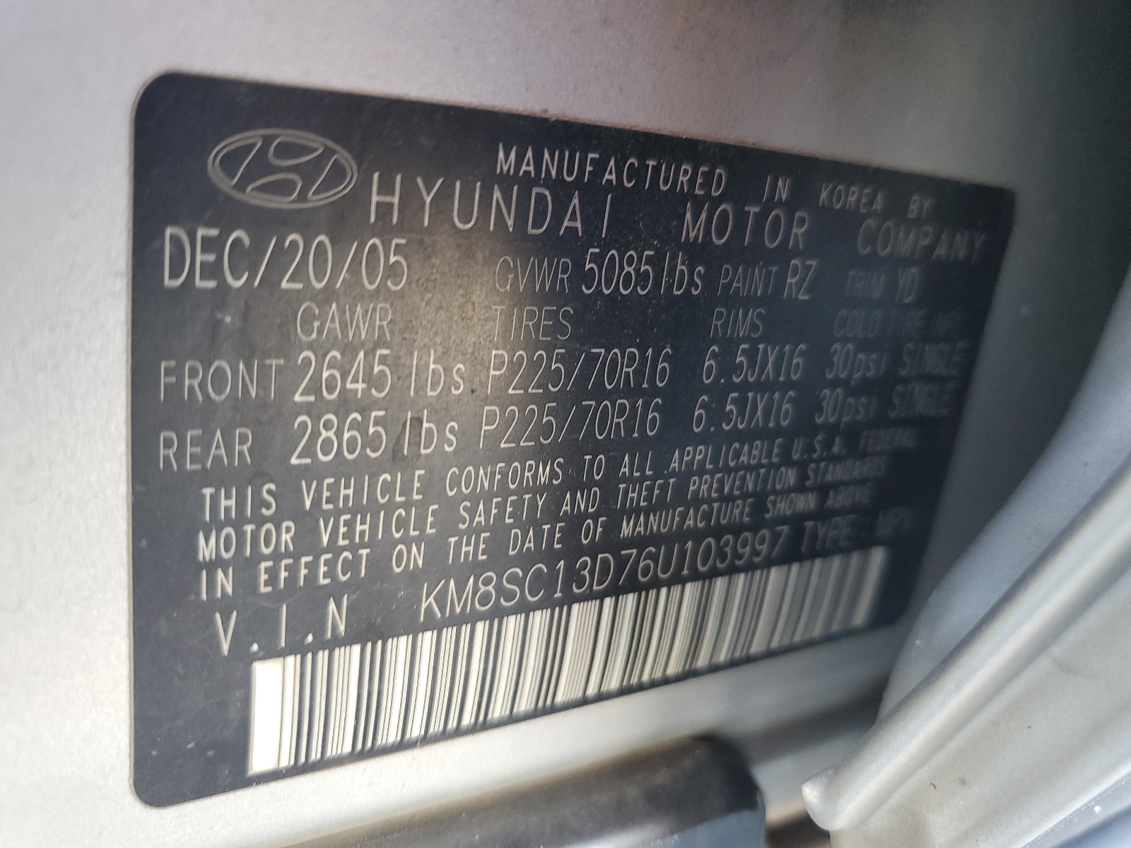 KM8SC13D76U103997 2006 Hyundai Santa Fe Gls