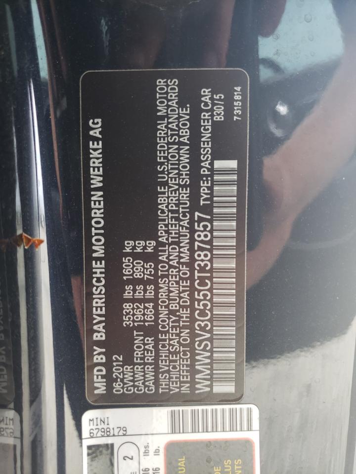 2012 Mini Cooper S VIN: WMWSV3C55CT387857 Lot: 66003544