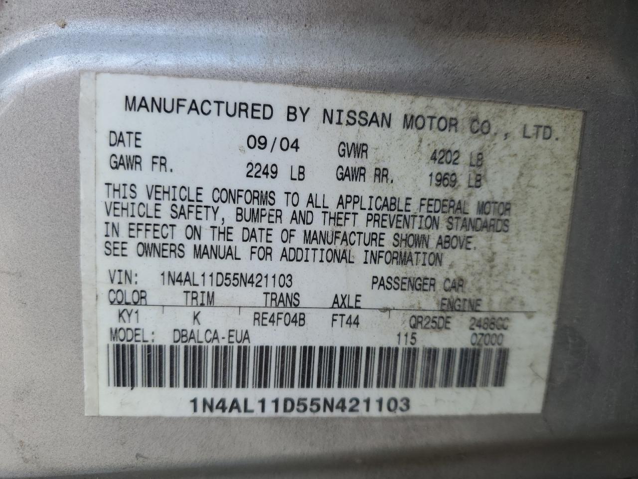 2005 Nissan Altima S VIN: 1N4AL11D55N421103 Lot: 69302384