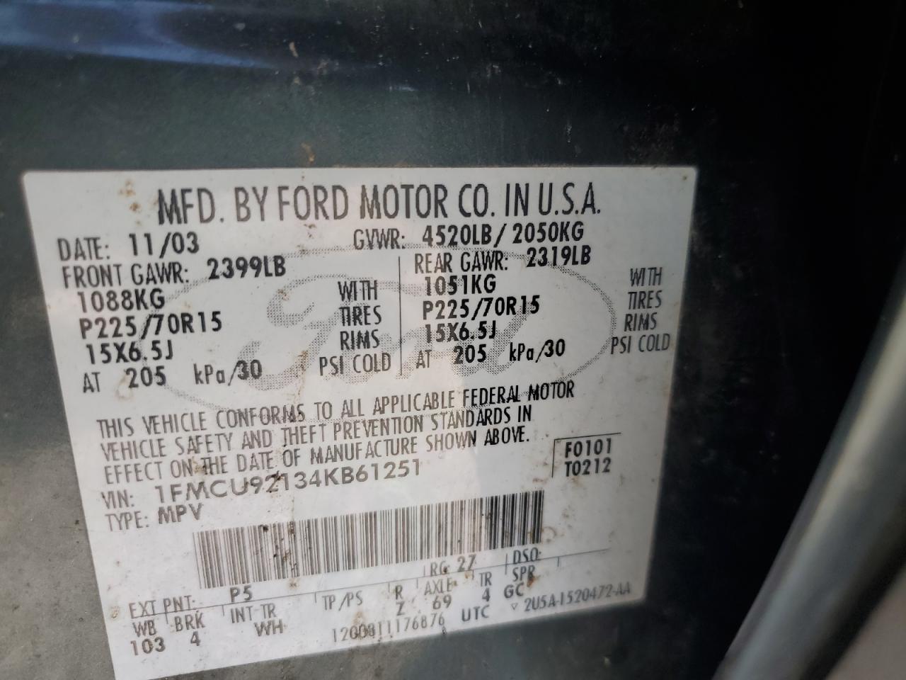 2004 Ford Escape Xls VIN: 1FMCU92134KB61251 Lot: 66526934