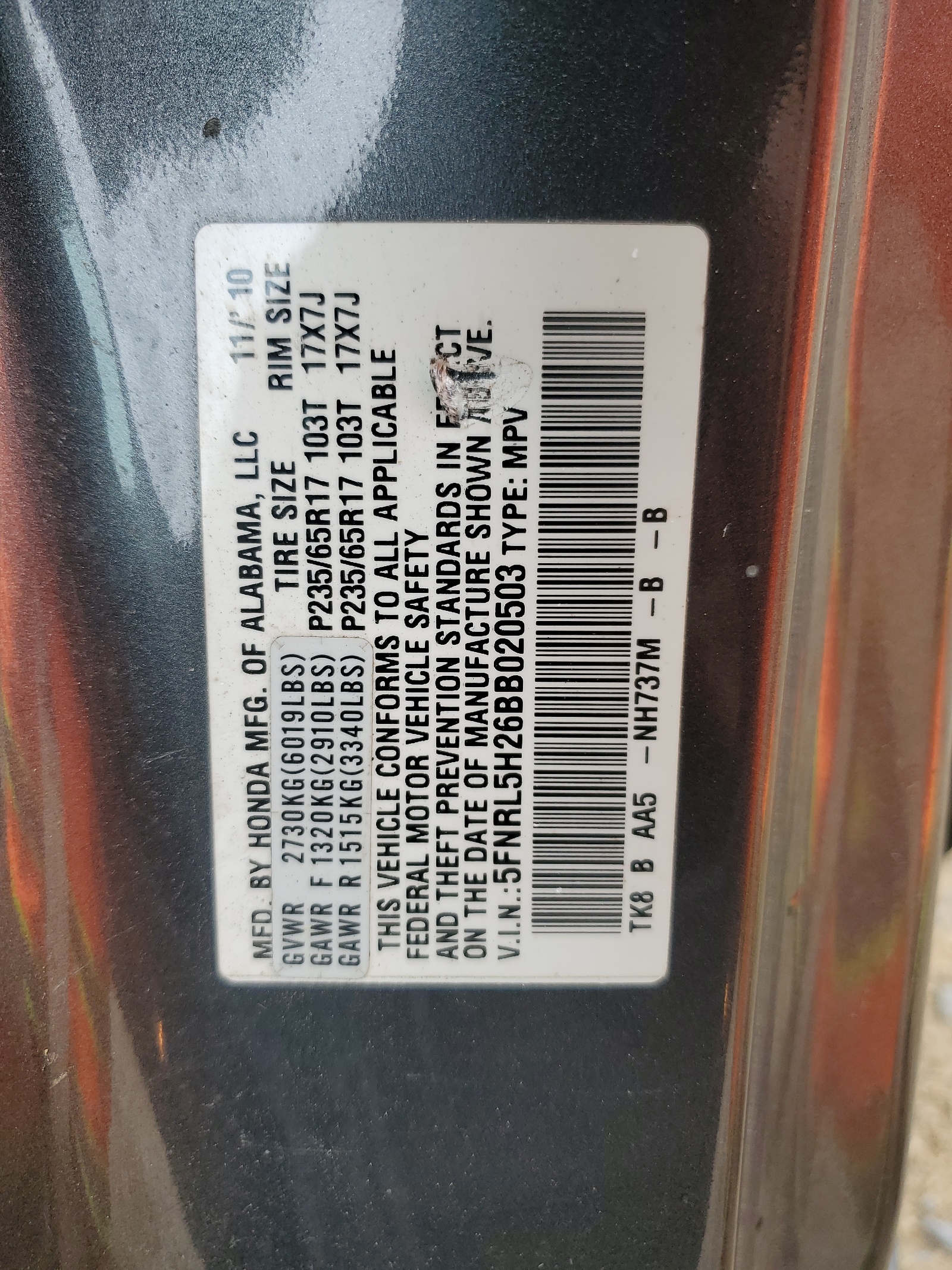 5FNRL5H26BB020503 2011 Honda Odyssey Lx