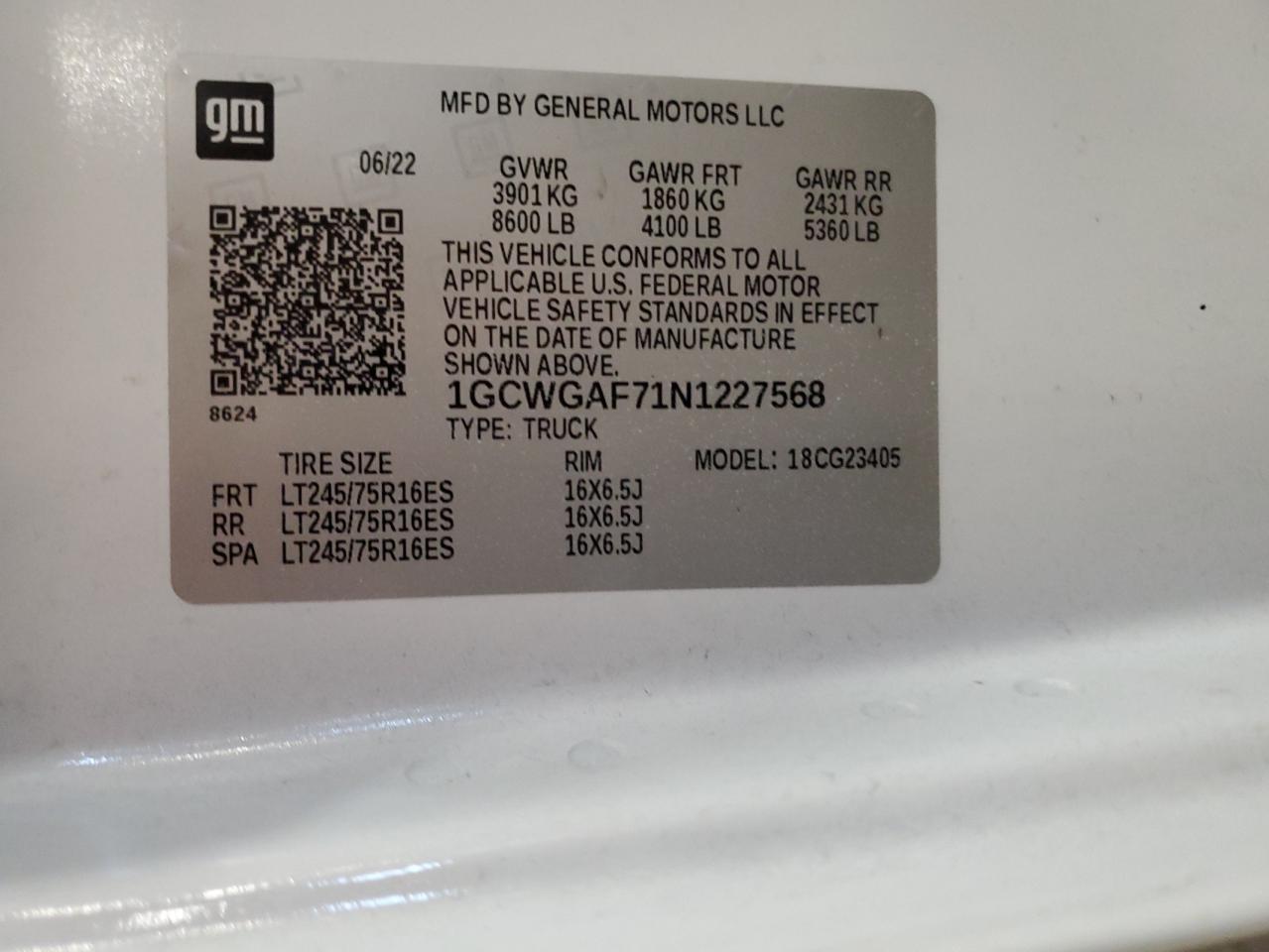 2022 Chevrolet Express G2500 VIN: 1GCWGAF71N1227568 Lot: 67118294