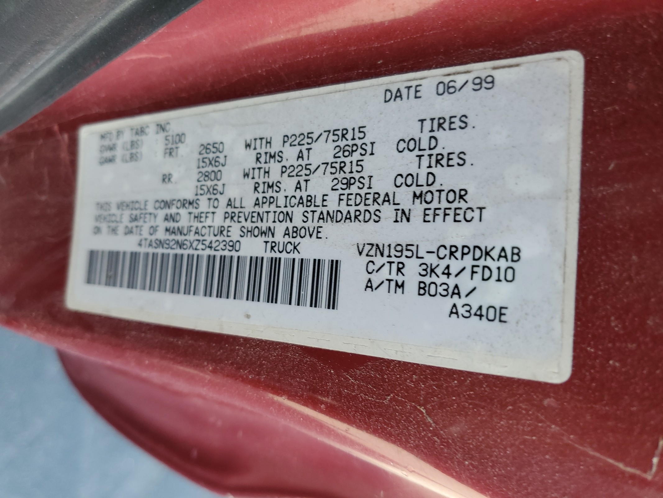 4TASN92N6XZ542390 1999 Toyota Tacoma Xtracab Prerunner