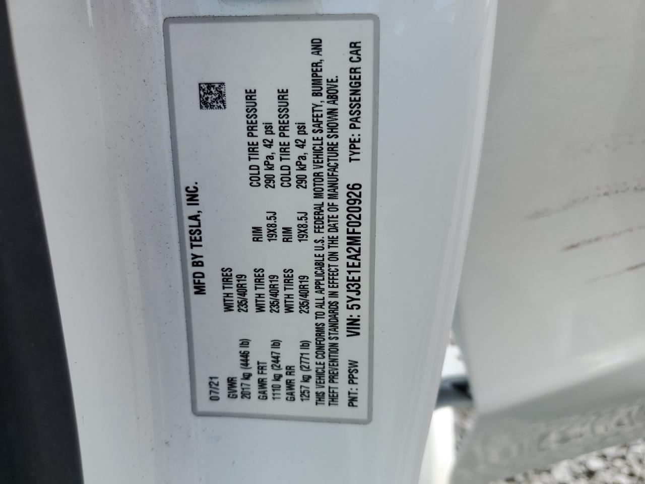 5YJ3E1EA2MF020926 2021 Tesla Model 3