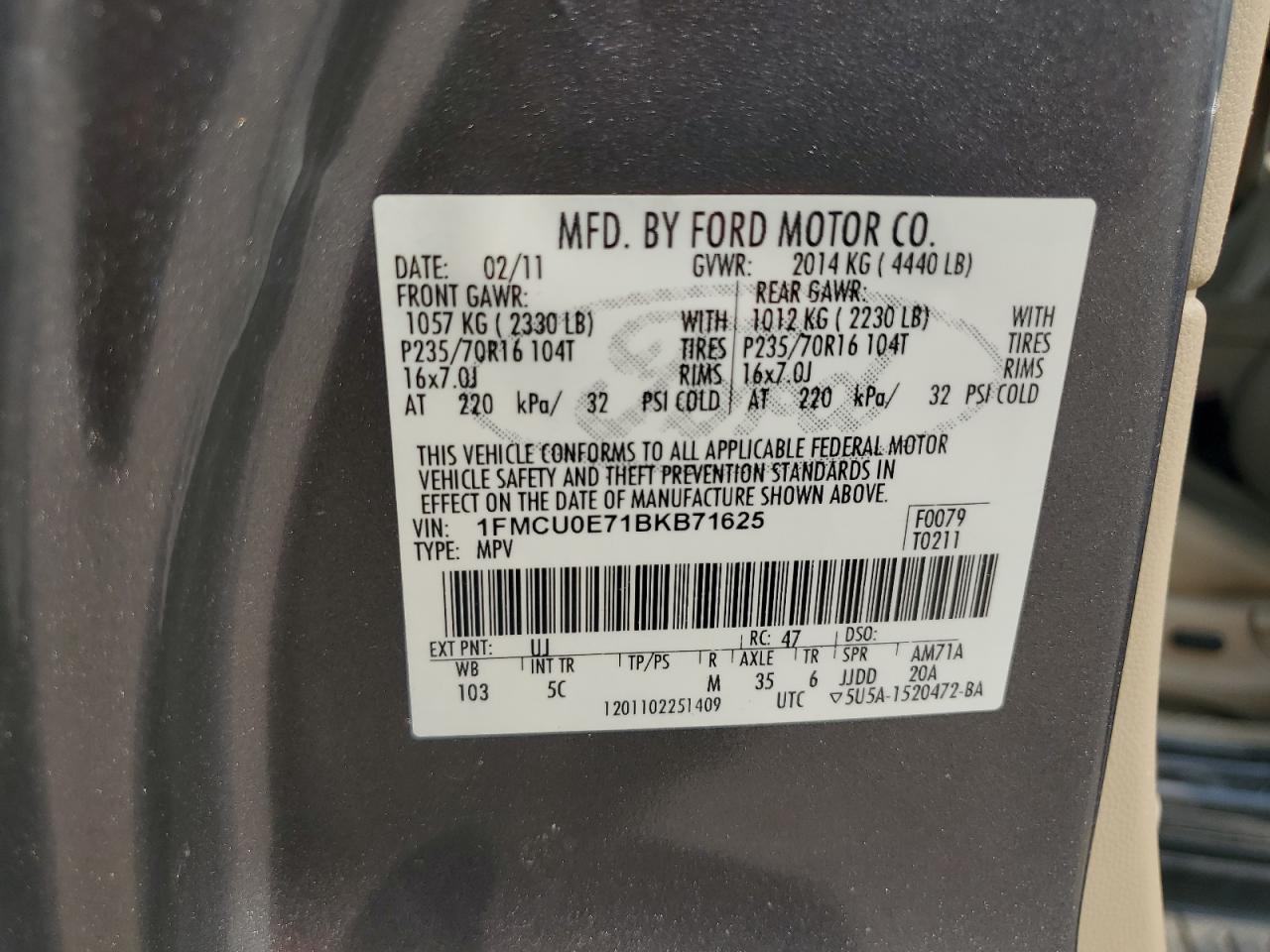 2011 Ford Escape Limited VIN: 1FMCU0E71BKB71625 Lot: 68695824