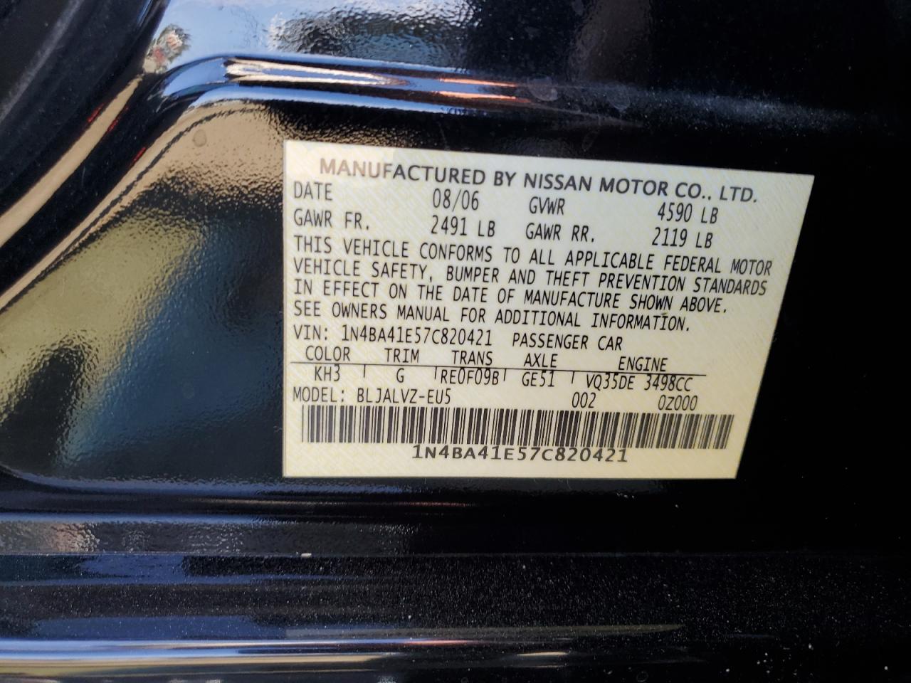 2007 Nissan Maxima Se VIN: 1N4BA41E57C820421 Lot: 68261634