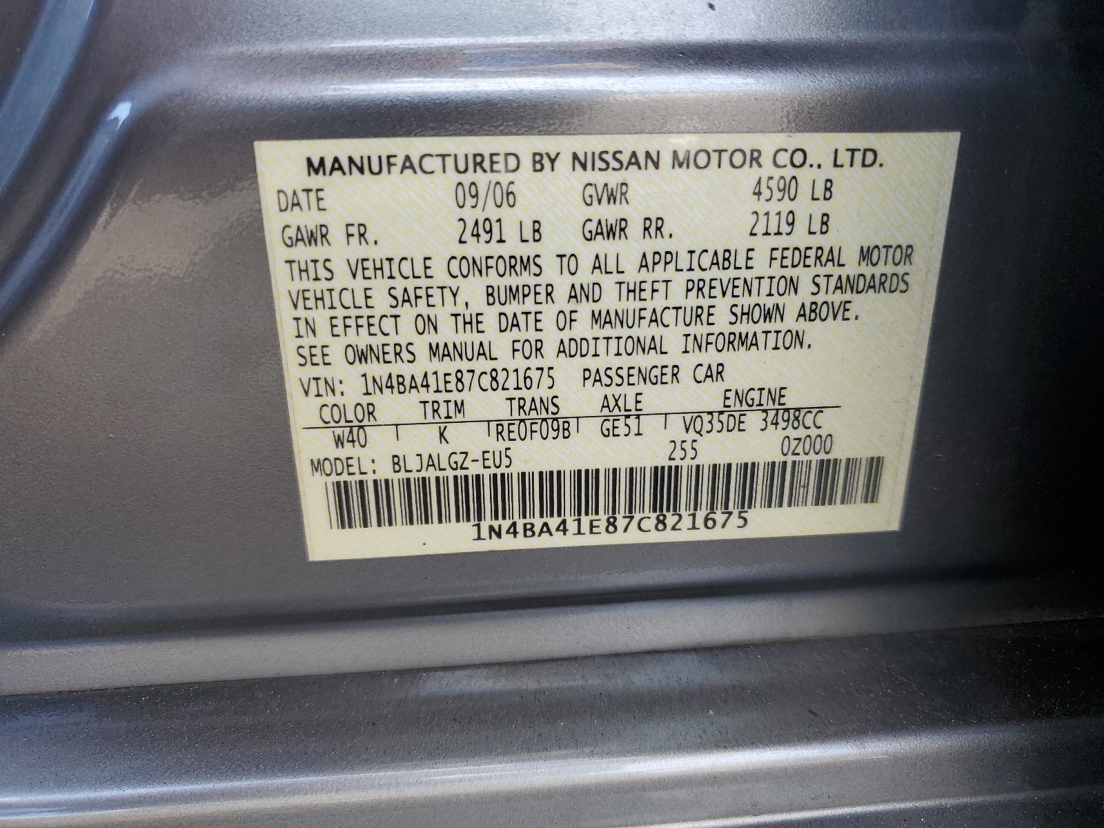 1N4BA41E87C821675 2007 Nissan Maxima Se