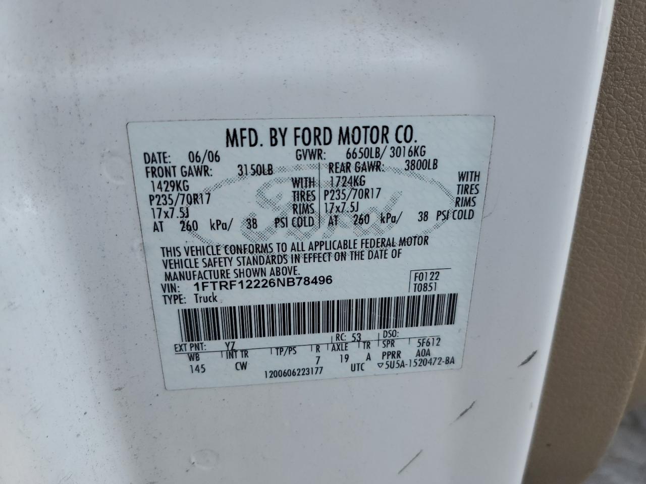 2006 Ford F150 VIN: 1FTRF12226NB78496 Lot: 67793574