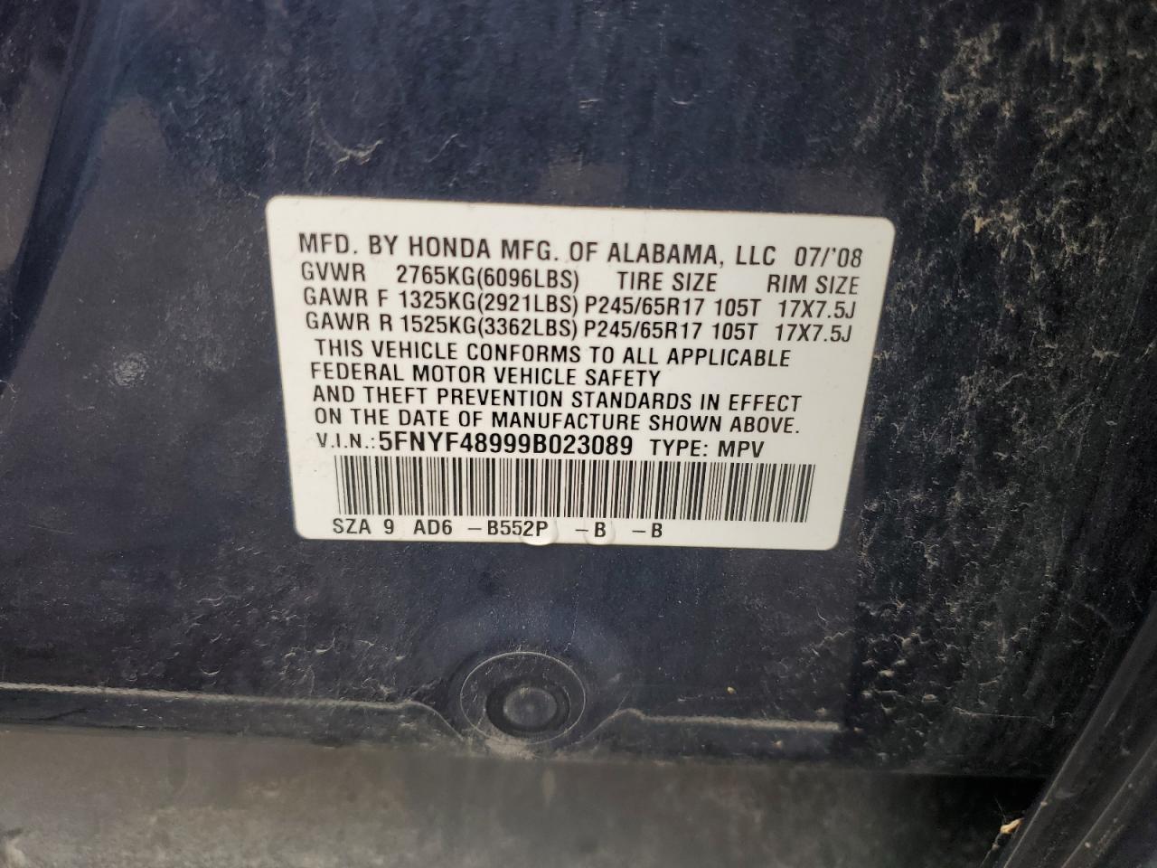 2009 Honda Pilot Touring VIN: 5FNYF48999B023089 Lot: 66745124