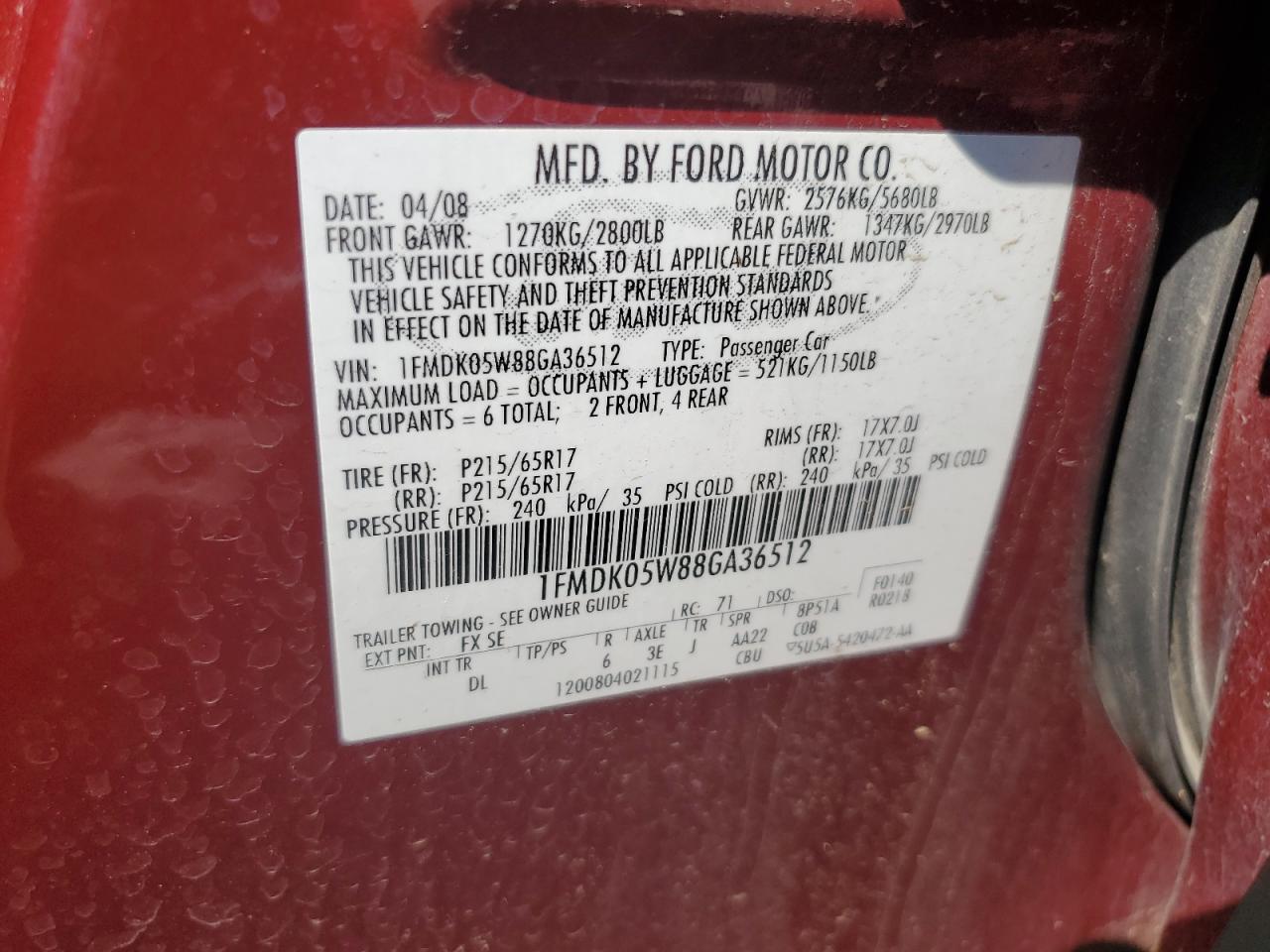 1FMDK05W88GA36512 2008 Ford Taurus X Sel