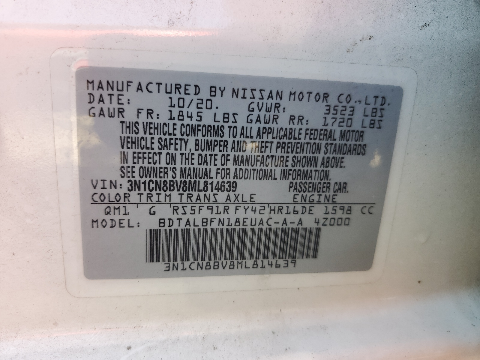 3N1CN8BV8ML814639 2021 Nissan Versa S