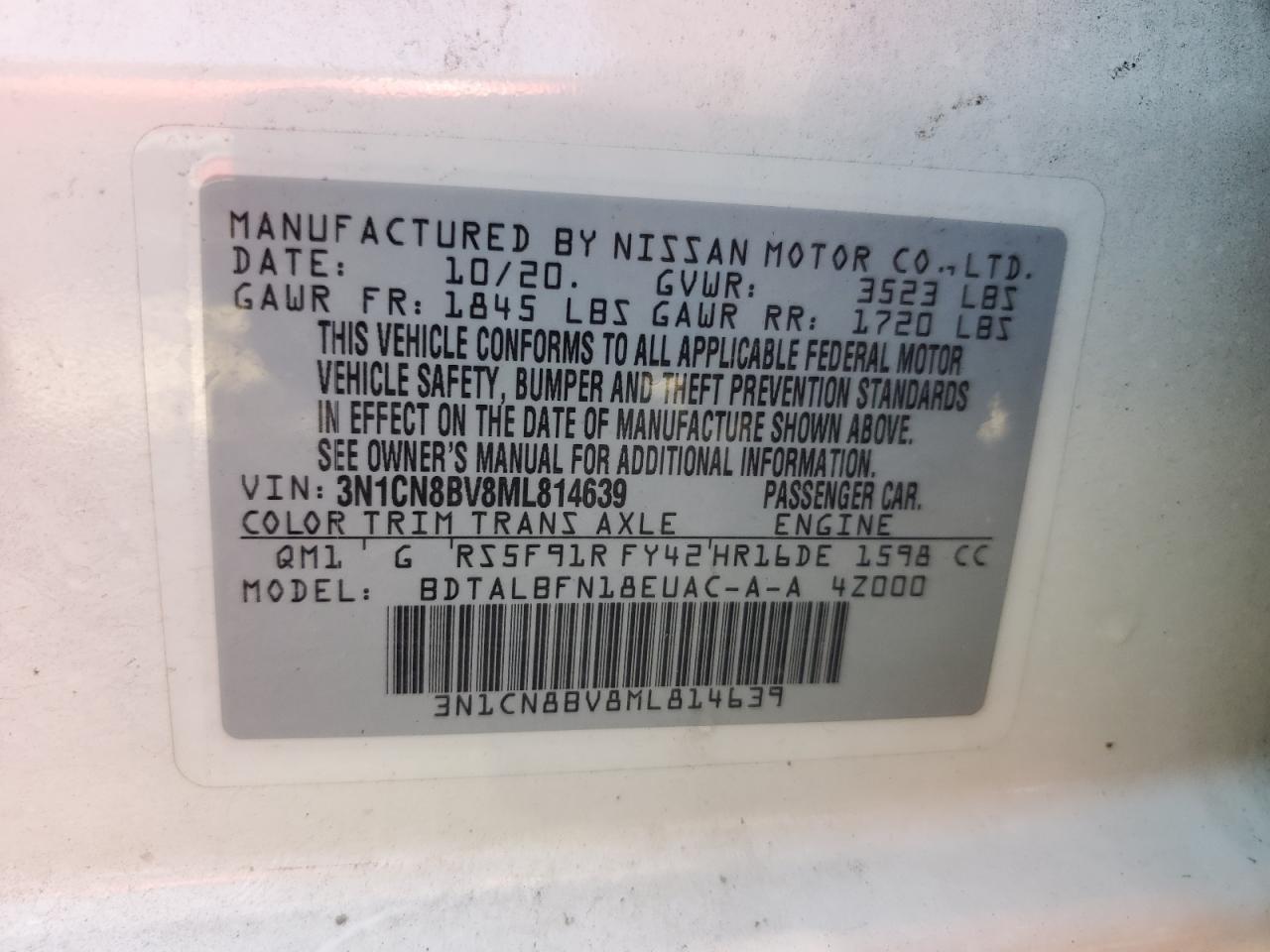 2021 Nissan Versa S VIN: 3N1CN8BV8ML814639 Lot: 68469994