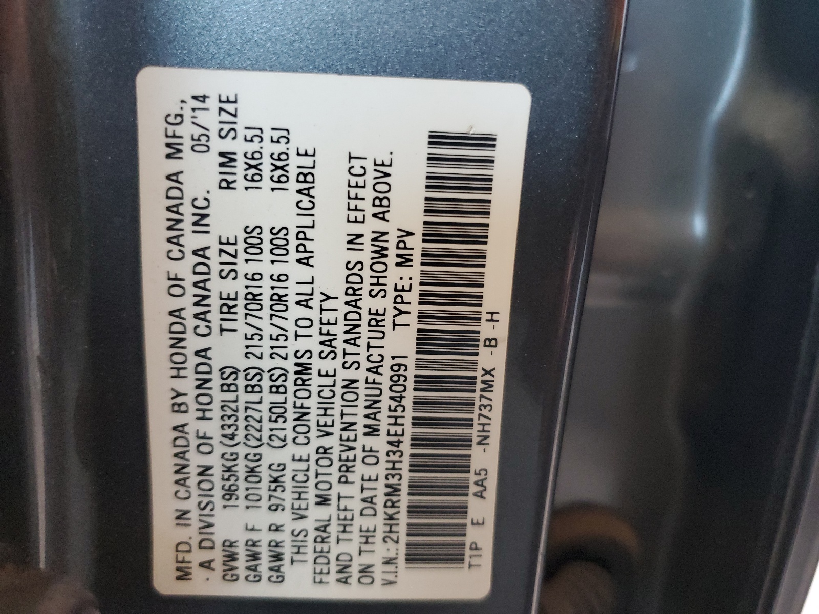 2HKRM3H34EH540991 2014 Honda Cr-V Lx