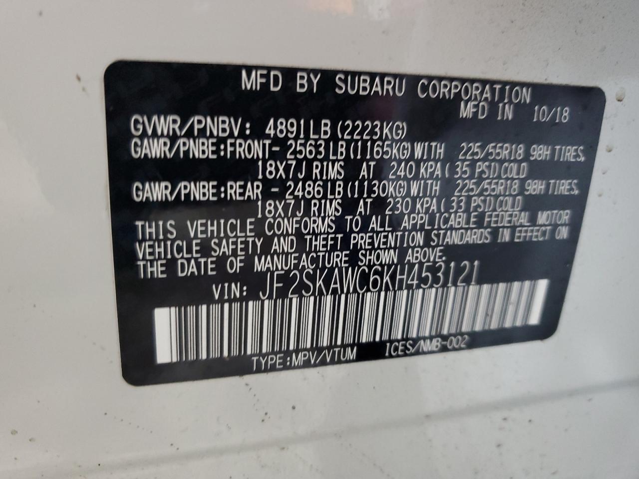 2019 Subaru Forester Touring VIN: JF2SKAWC6KH453121 Lot: 67241084