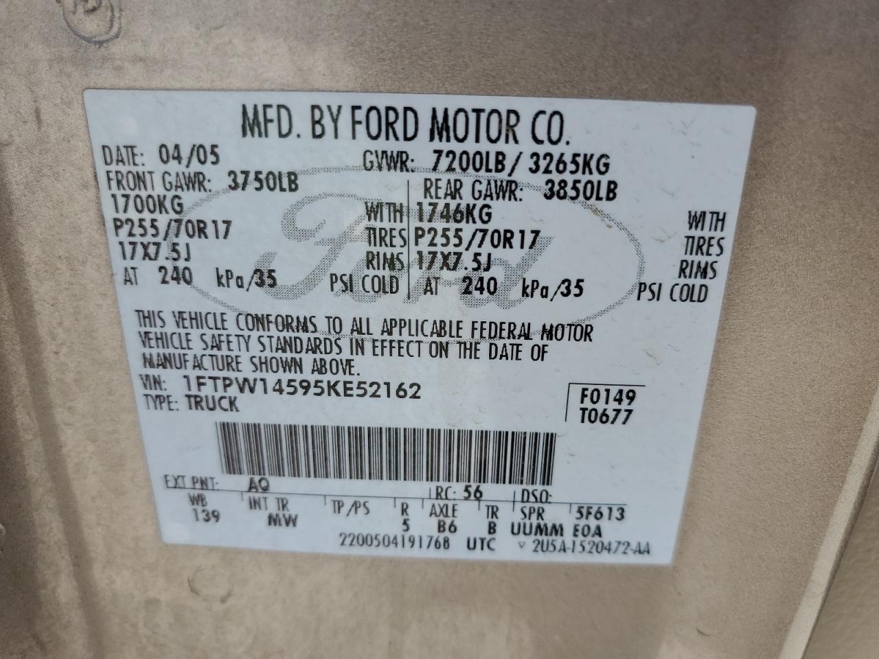 2005 Ford F150 Supercrew VIN: 1FTPW14595KE52162 Lot: 65914624