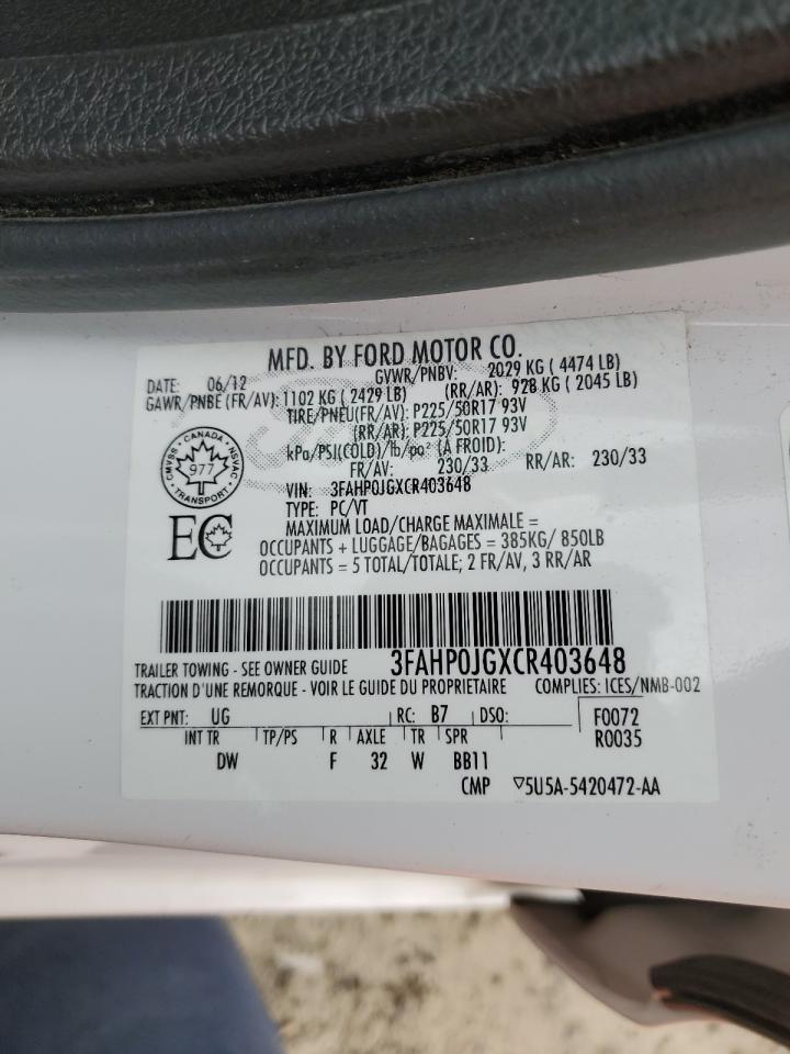 2012 Ford Fusion Sel VIN: 3FAHP0JGXCR403648 Lot: 66008524