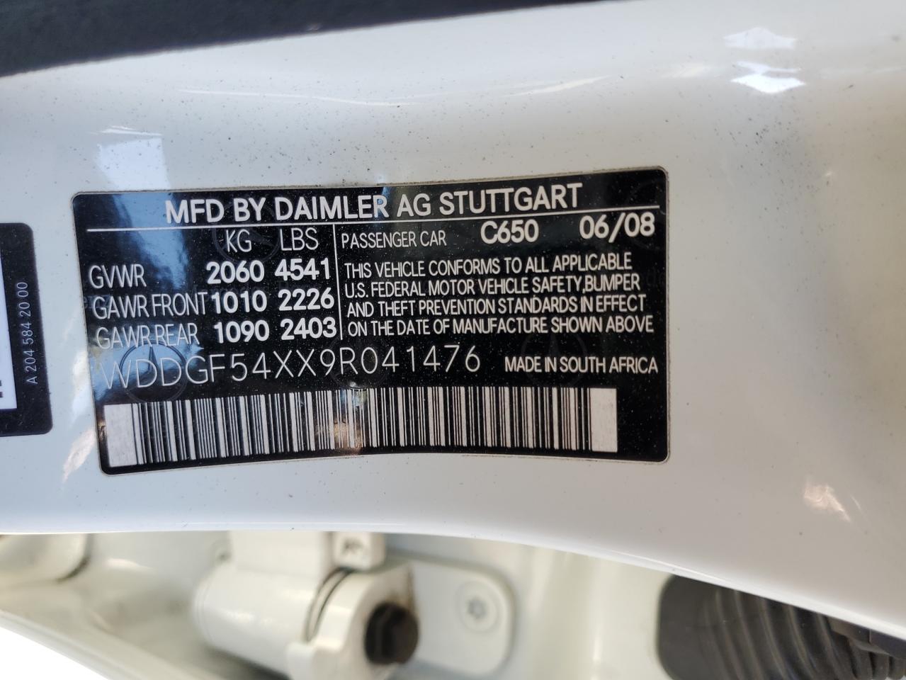 2009 Mercedes-Benz C 300 VIN: WDDGF54XX9R041476 Lot: 69108954