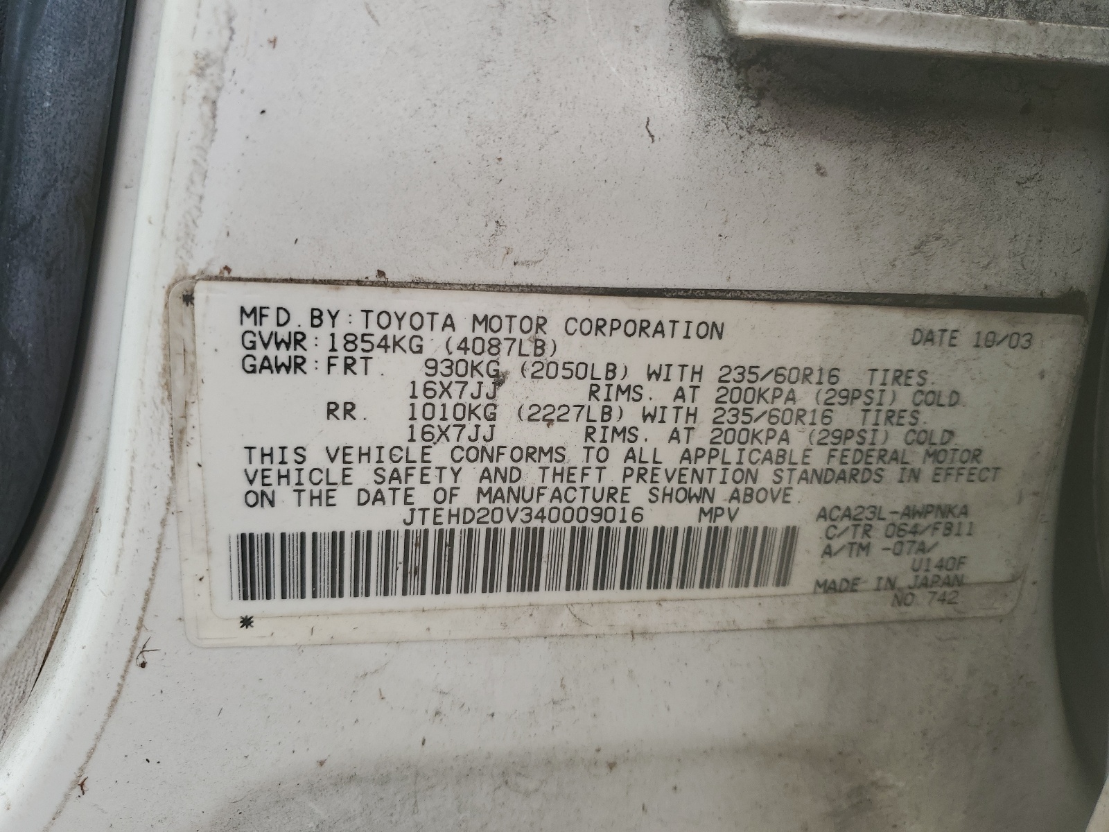 JTEHD20V340009016 2004 Toyota Rav4