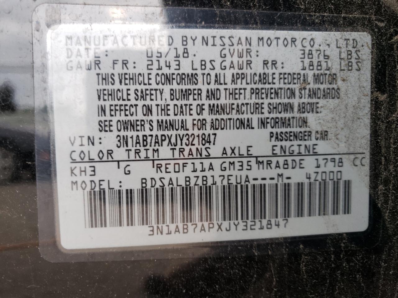 3N1AB7APXJY321847 2018 Nissan Sentra S