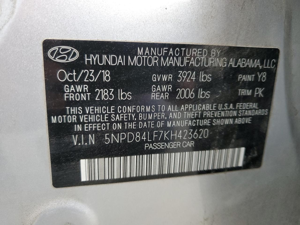 5NPD84LF7KH423620 2019 Hyundai Elantra Sel