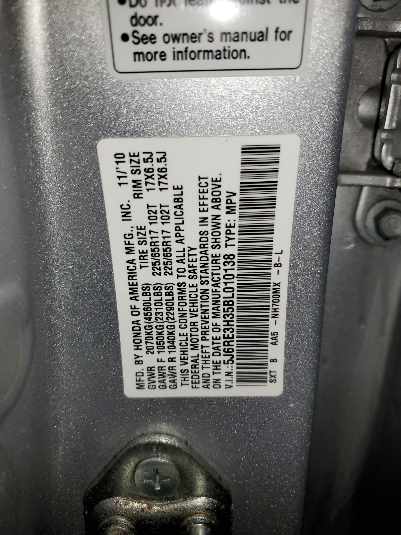5J6RE3H35BL010138 2011 Honda Cr-V Lx
