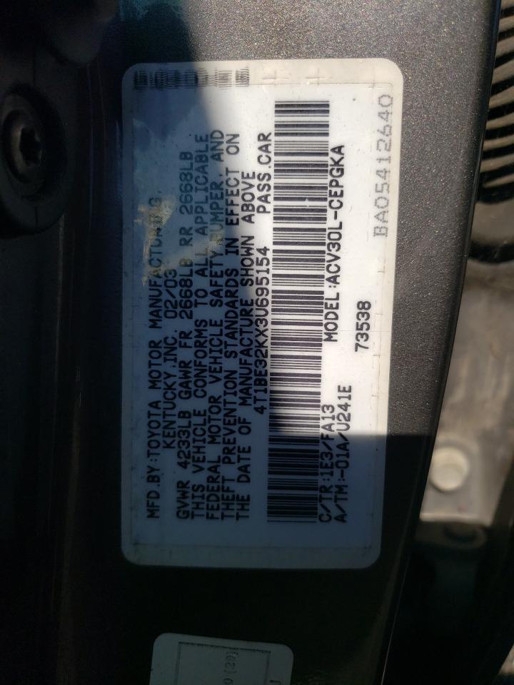 2003 Toyota Camry Le VIN: 4T1BE32KX3U695154 Lot: 66738684