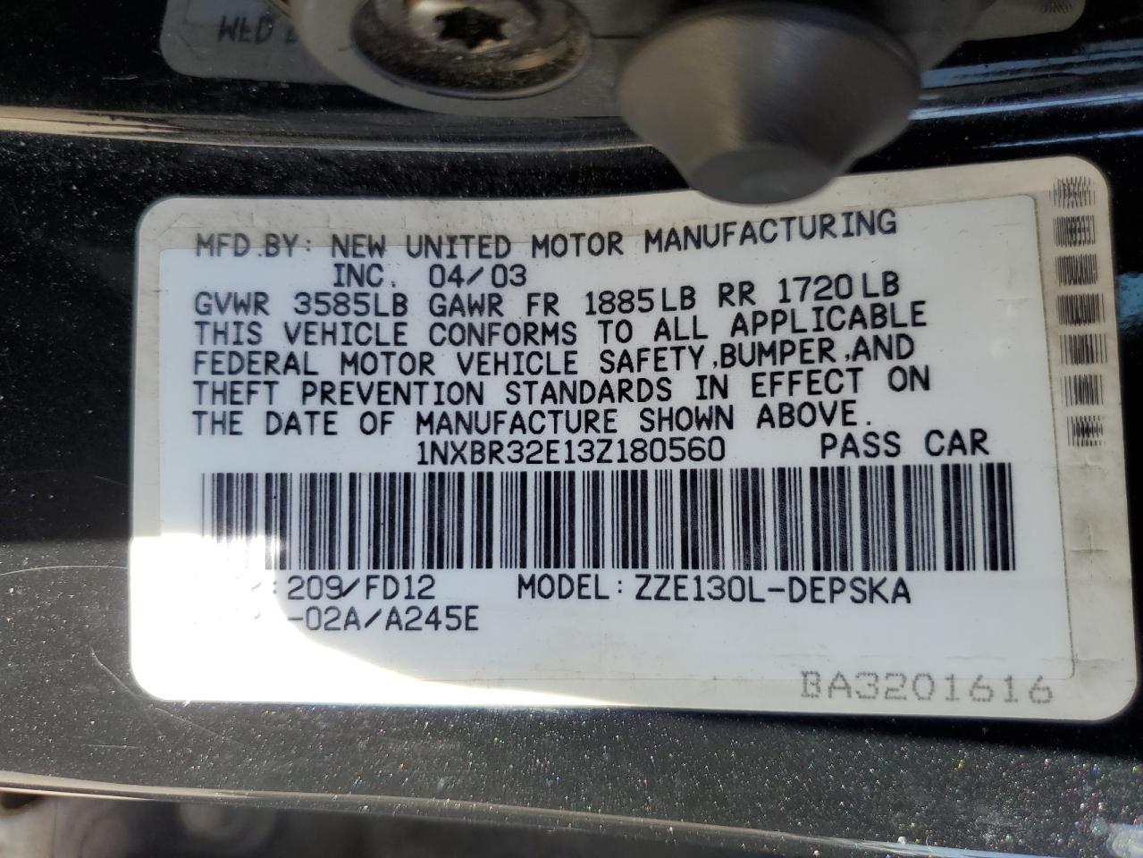 2003 Toyota Corolla Ce VIN: 1NXBR32E13Z180560 Lot: 67978324