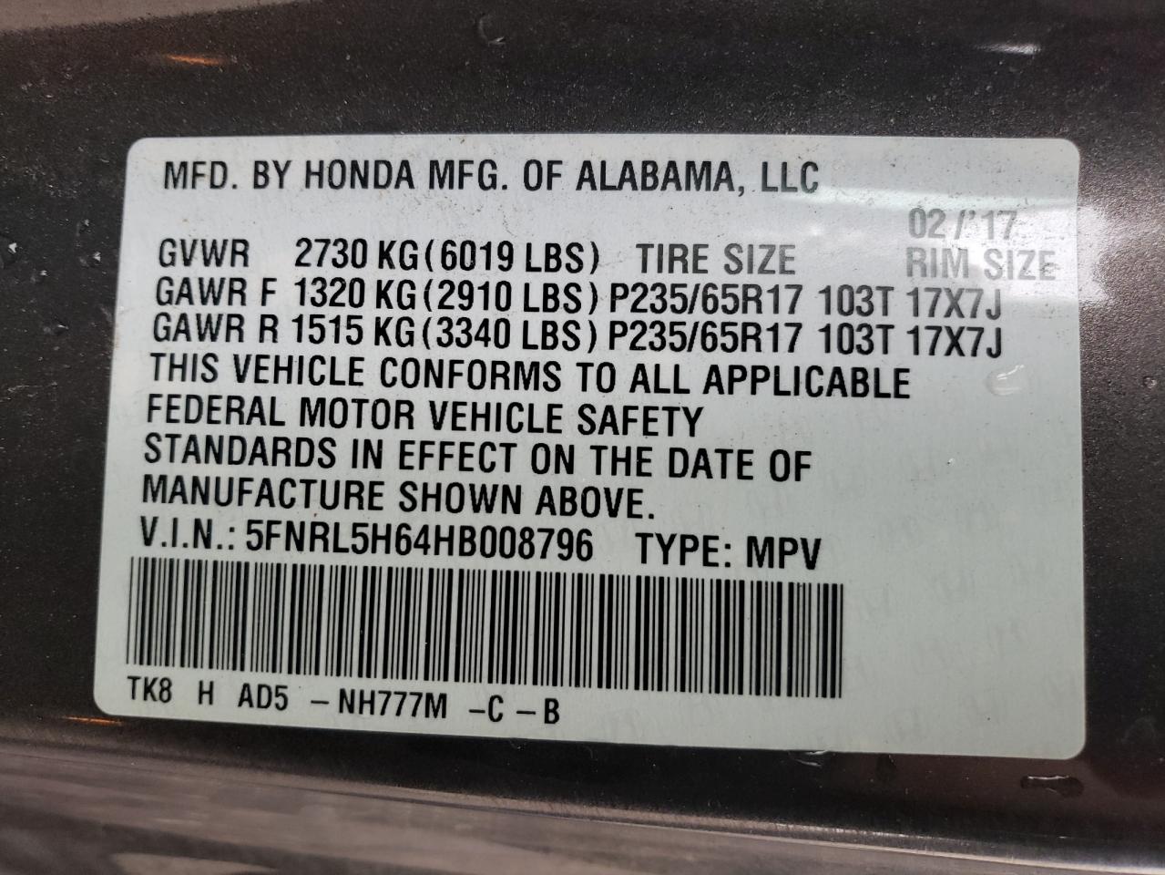 5FNRL5H64HB008796 2017 Honda Odyssey Exl