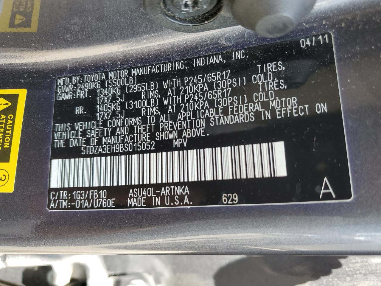 2011 Toyota Highlander Base VIN: 5TDZA3EH9BS015052 Lot: 65156024