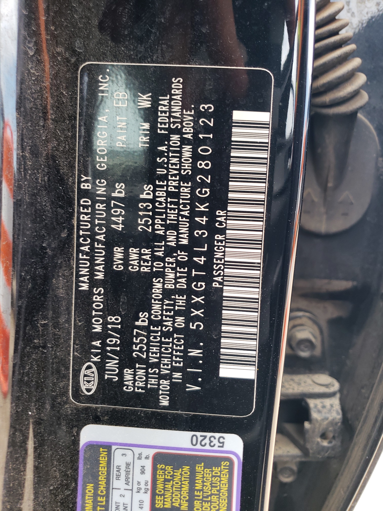 5XXGT4L34KG280123 2019 Kia Optima Lx