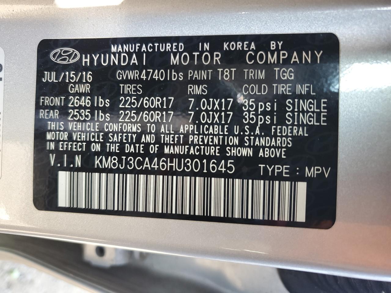 KM8J3CA46HU301645 2017 Hyundai Tucson Limited